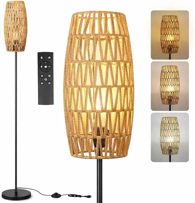 Floor Lamp for Living Room,Farmhouse Floor lamp,Modern Standing lamp with Hand-Worked Rattan Shade (Drum Shade-with Remote)