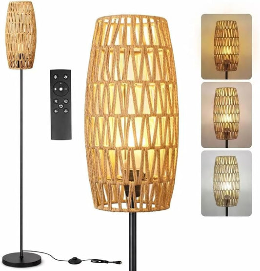 Floor Lamp for Living Room,Farmhouse Floor lamp,Modern Standing lamp with Hand-Worked Rattan Shade (Drum Shade-with Remote)