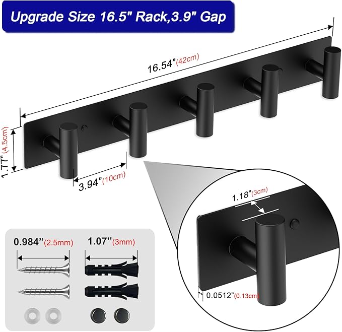 Coat Rack Wall Mount - 5 Coat Hooks, Towel Racks for Bathroom Robes Bags Keys, Hat Rack Wall Towel Hooks Organizer Essential (Black)