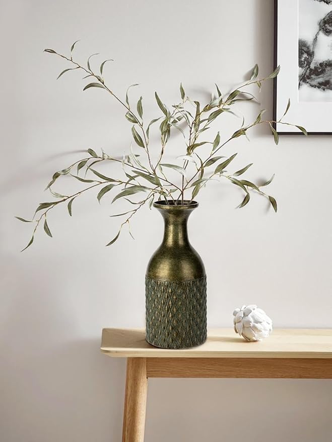 Embossed Metal Vase Floor Vase 11inch Table Centerpiece Home Décor Gift for Dried Flower and Artificial Floral Arrangements Living Room Bookshelf Mantel Table Wedding Decorative Vase Copper Green