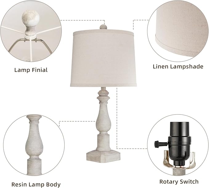 RORIANO 23'' Set of 2 Rustic Table Lamps for Living Room Bedroom, Traditional Farmhouse Resin Bedside Desk Lamps for Study Room Nursery Office, 2 Bulbs Included