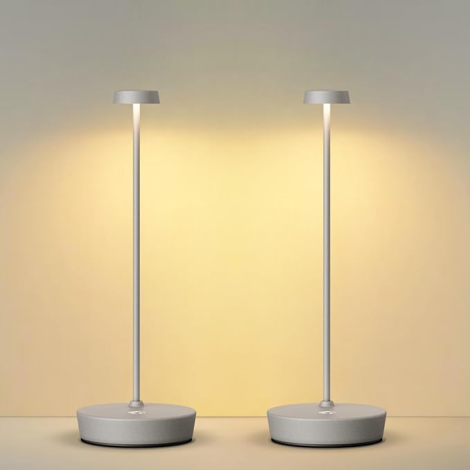 Cordless LED Table Lamp，Rechargeable Battery Desk Lamps, 3 Color Stepless Dimmable Metal Battery Table Lamps, Portable Waterproof Table Light for Indoor/Outdoor/Restaurant (2Pack Gray)