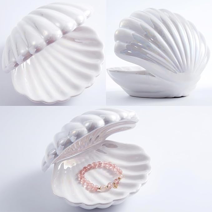 Denique Shell Jewelry Dish Tray, Ceramic Trinket Tray Clamshell Jewelry Storage Dish, Ring Holder Dish Key Bowl, Decorative Jewelry Plate, Cute Jewelry Organizer for Room Decor (White)
