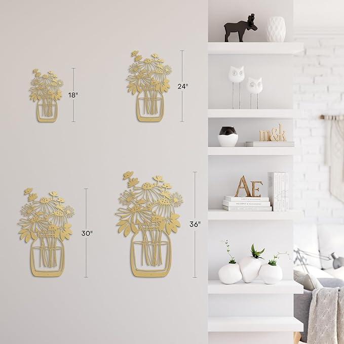 SIGNLEADER Metal Wall Art Decor Flower Bouquet in Bottle Minimalist Modern Abstract Wall Sculpture Hangings Home Decoration for Living Room, Bedroom, Bathroom, Kitchen, Outdoor - 18" Gold