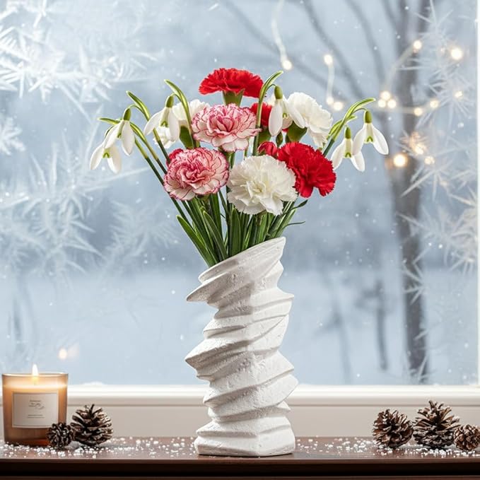 Stone-Stack White Ceramic Vase - 10" Unique Flower Vase for Pampas Grass, Farmhouse Decorative Vase for Living Room/Office, Boho Vase Ideal for Home Gifts & Centerpieces