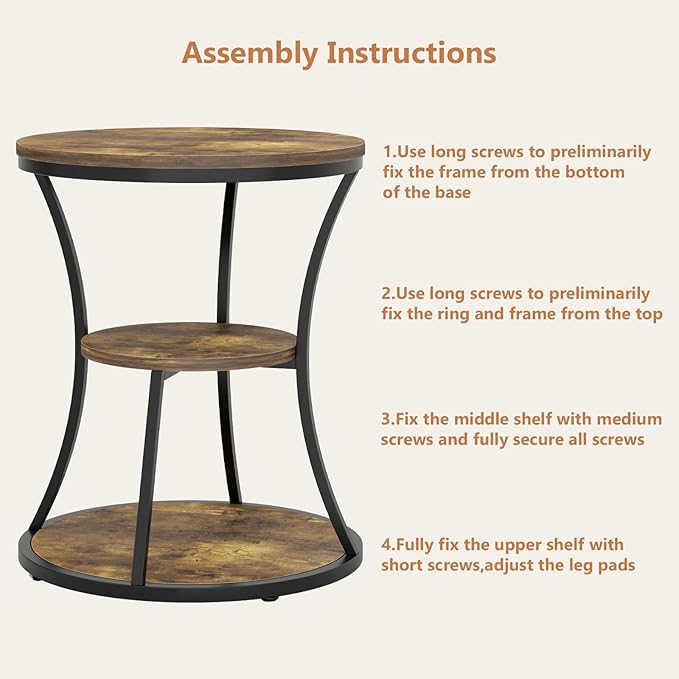 21.65 inches Round End Table,3 Tier Side Table with Storage Shelf,Compact Coffee Table and Tea Sofa Table,Vintage Nightstand for Living Room Bedroom Study Small Spaces ,Rustic Brown and Black