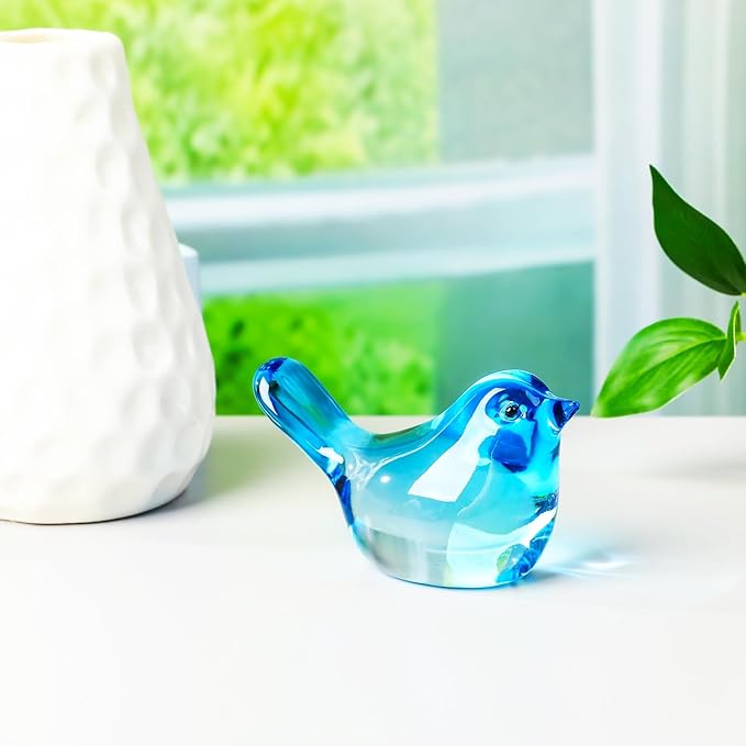 YWHL Handmade Crystal Blue Bird Figurines, Animals Gifts for Birds Lovers Women Men, Art Glass Birds Collectible for Home Decor, Desk Table Home Office Decoration