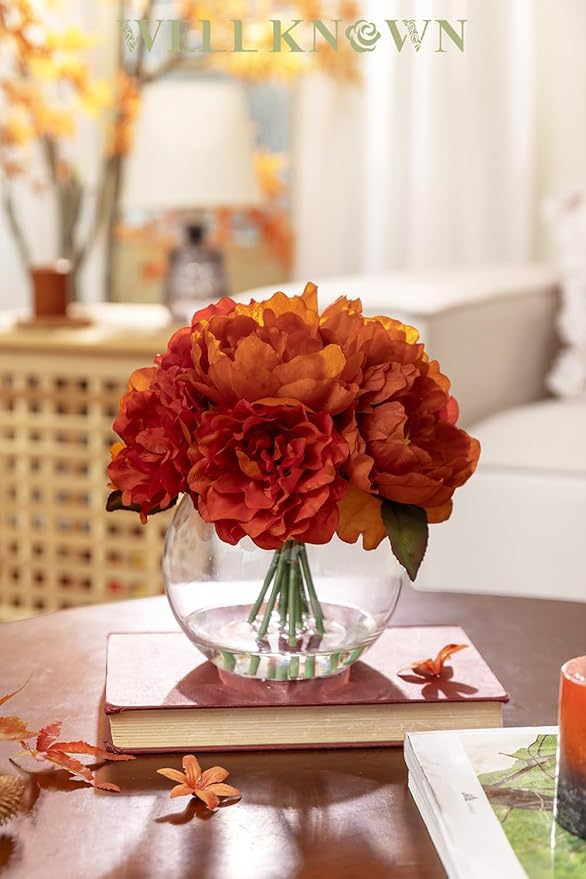 Artificial Flowers in Vase, Silk Peonies Flowers for Vase with Faux Water, Burnt Orange Fake Flower Arrangement for Winter Spring Dinning Wedding Birthday Party Table Centerpieces Decor & Mom's Gift