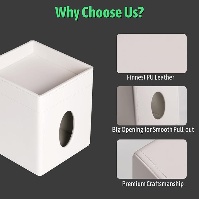 Tissue Box Cover, PU Leather Square Tissue Box Holder with Upper Storage Tray for Bathroom/Countertop/Nightstand/Office Table - White