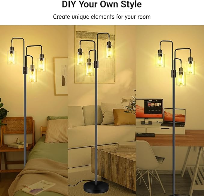BoostArea Industrial Floor Lamp for Living Room,Glass Lampshade,Modern Stand Up Lamp with 3 Light,Simple Design Floor Lamp for Bedroom, Living Room, Office, Kids Room, Reading