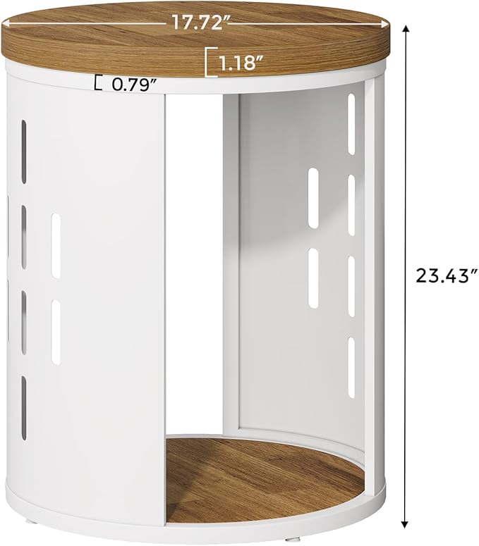 Rustic Round End Table, 2-Tier Side Table with Storage Shelf, Small Nightstand for Living Room and Small Spaces, White Metal Frame (Light Brown, Set of 1)