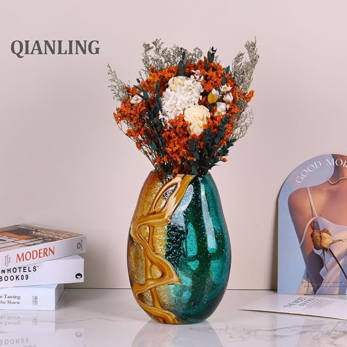 9.8" Hand-Blown Colorful Glass Vase - Green, Blue, Amber, Burnt Orange Decorative Vase for Home Decor - Modern Blue Green Glass for Centerpieces, Weddings, Living Room, Kitchen, Dining, Bedroom Decor