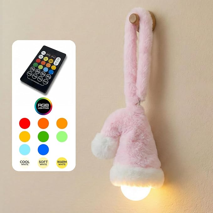 Aesthetic Plush LED Night Light, 1200mAh Rechargeable Mood Lamp, 3 Color Temperatures (Warm/Nature/Cool), 150 Lumens Dimmable Nursery Light with Remote, 1-4H Timer, Bedside Decor, Pink