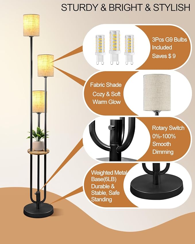 Lightdot 64Inch Floor Lamp with Table Dimmable Black Floor Lamp for Living Room 3 Lights Mid Century Modern Tall Standing Lamp with Fabric Shade for Bedroom Corner(Bulbs Included)