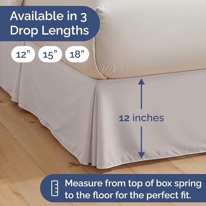 Pleated Bed Skirt Twin Size - 3 Sided Pleated Bed Skirt Twin - Ultra-Soft, Easy Fit with 12 Inch Tailored Drop - Hotel Quality, Wrinkle & Fade Resistant - for Women, Men, Kids and Teens - Light Grey