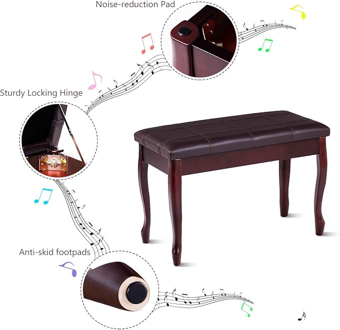 GOFLAME Piano Bench Stool with Padded Cushion and Music Storage, Heavy Duty Piano Duet Seat with PU Leather Padded Seat and Solid Wooden Legs, Perfect for Home Use (Brown)