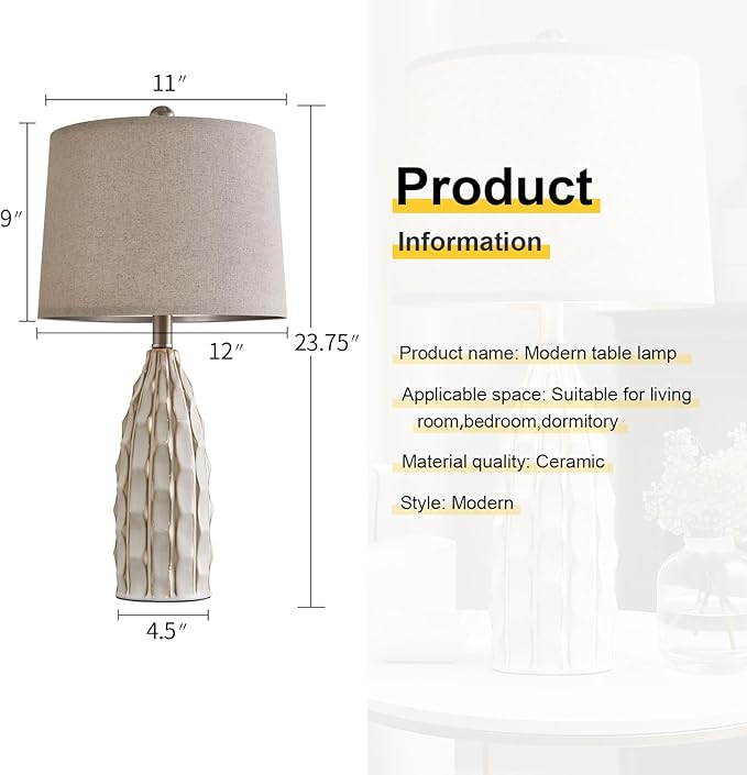 Ceramic Table Lamps Set of 2, 23.75" Modern Farmhouse Bedside Lamp - Cream Nightstand Lamps for Bedroom, Boho Living Room End Tables, Small Office Desk Lamp Decor