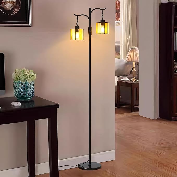 Asmymhd Vintage Dimmable Floor Lamp, Tiffany Standing Lamp with 2 Stained Glass Shades, Rustic Farmhouse Floor Lamp with Black Finish for Living Room Bedroom
