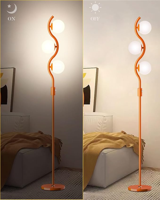 Lightdot 3-Globe Dimmable Floor Lamp Orange Mid Century Modern Standing Lamp with 3PCS 3000K G9 Bulbs Stepless Brightness Adjustable Stable Base for Living Room, Bedroom, Office