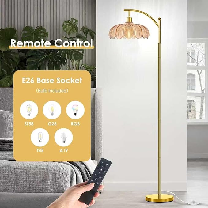 gernehop Gold Floor Lamp for Living Room with Remote,Unique Vintage Standing Tall Lamp,Mid Century Modern Floor Lamps Arc Glass Floor Lamps for Office Corner