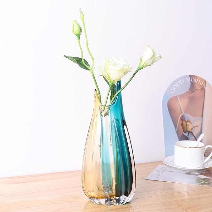 Hand Blown Glass Vase, Medium Wide Mouth Flower Vase Unique Modern Turquoise Glass Art Decor, Nonbreakable Vases for Table Centerpieces Living Room Decorative Amber and Teal Vase