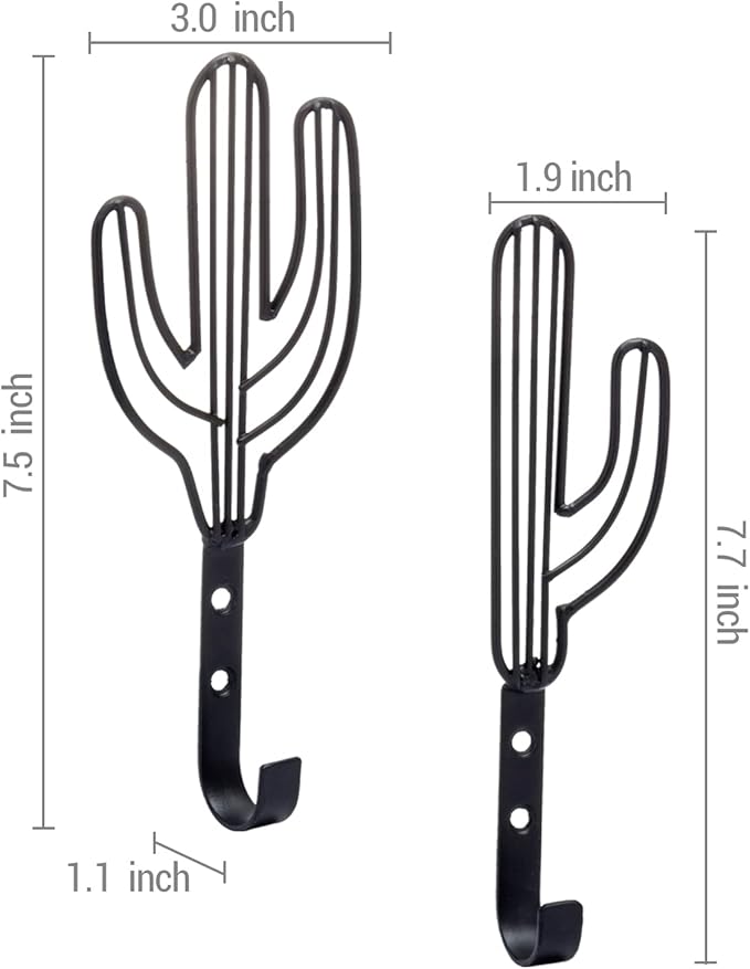 MyGift Wall Mounted Decorative Black Metal Entryway Coat Hooks Saguaro Cactus Shaped Hanging Novelty Hooks, Southwest Style Home Decor, Set of 4