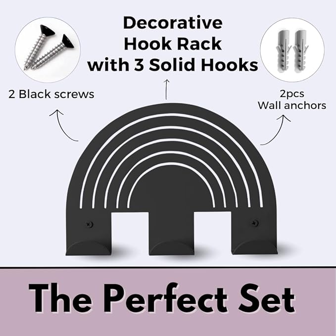 Rainbow Black Wall Hooks – Heavy-Duty Metal Hooks for Hanging | Stylish & Decorative Coat Hook for Backpacks, Towels & Bags | Durable, Minimalist Wall Organizer for Kids' Room & Playroom
