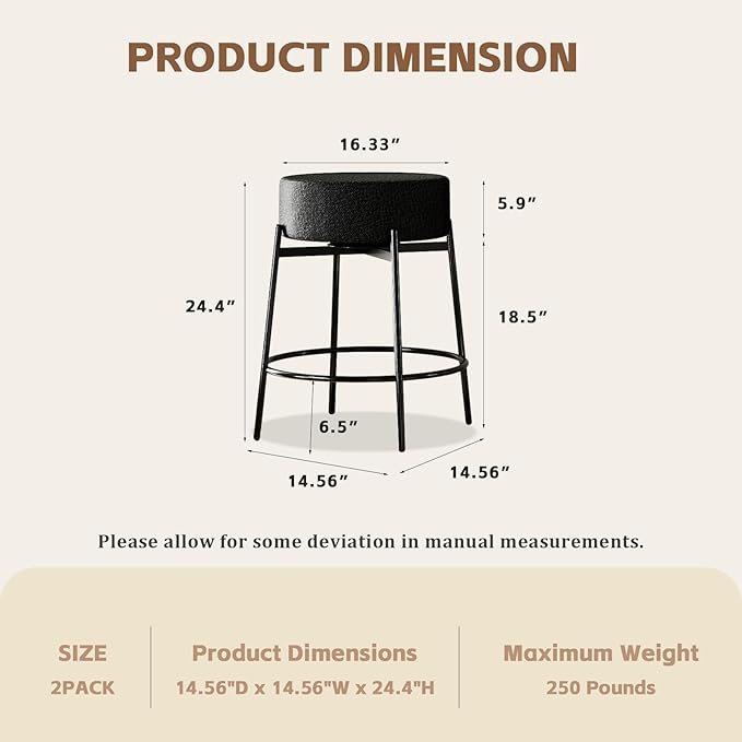 SoarFlash Modern Rotatable Bar Stools Set of 2, 24" Sherpa Swivel Counter Height Stools with Round Soft Padded Boucle Backless Seat, Black