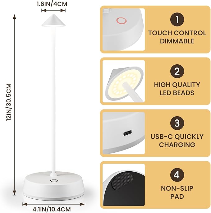 Cordless Table Lamps Rechargeable, 6000mAh LED Battery Operated Desk Lamp, Portable Outdoor Waterproof Touch Stepless Dimmable Wireless Table Light for Dining Restaurant Home Patio (White-2PC)
