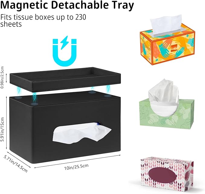 PU Leather Tissue Box Cover Rectangle with Detachable Storage Tray,Fits 230-Count Box Tall Rectangular,Modern Decorative Tissue Box Holder/Organizer for Bathroom,Bedroom Dresser,Night Stand