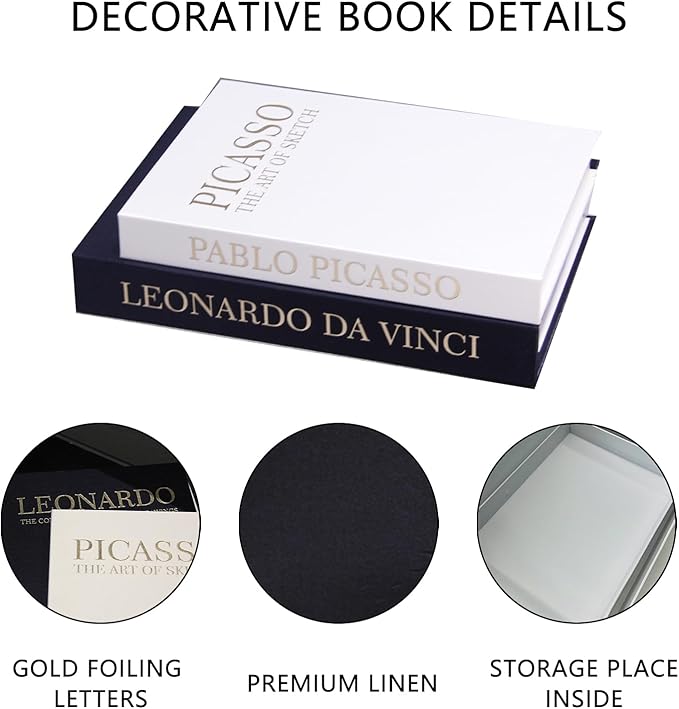 Decorative Book for Home Decor,Aesthetic Fake Books for Coffee Table Decoration Set of 2 Linen,Faux Decor Book Storage Box for Decoration (Dark Blue - White)