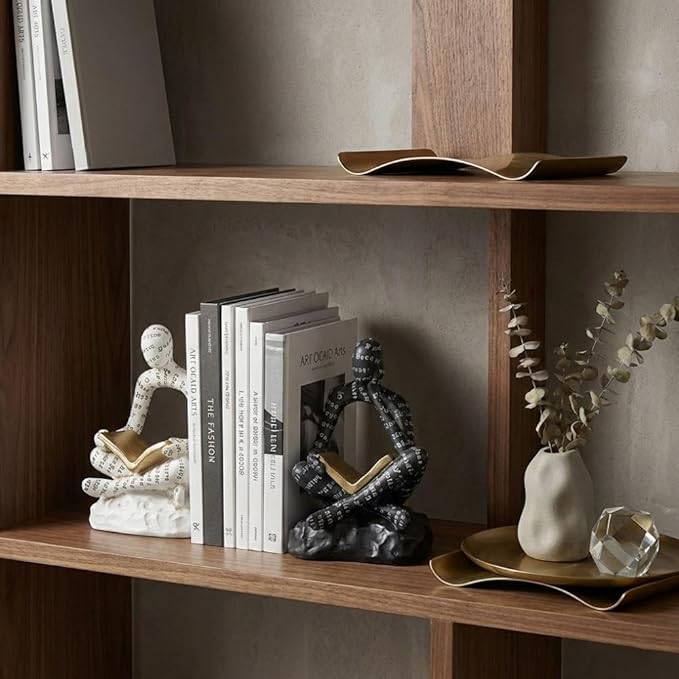Heavy Duty Book Ends for Shelves, Thinker Decorative Bookends for Heavy Books, Book Stoppers to Hold Books, Weighted Black and White Bookends Set of 2, Non Slip Pads, Bookshelf Accessories