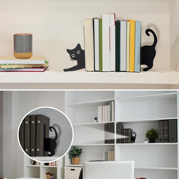 Geelin Stretching Black Cat Metal Bookends Set of 2 Styles Book Ends for Shelves Decorative Bookshelf Home Office Desk Bookshelf Decor Gift for Cat Lovers and Reading Enthusiasts