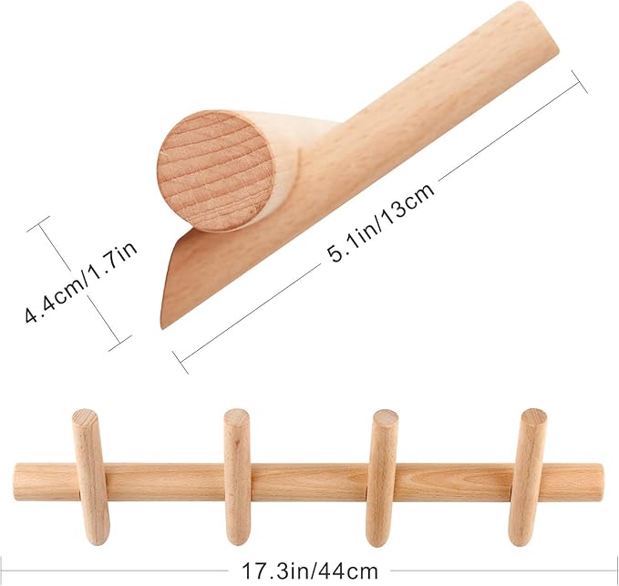 Wood Coat Hooks Wall Mounted Hat Rack Tower Hanger Wall Hooks Decorative Hanger with Pegs Entryway Bedroom Bathroom（Beech Wood,4 Hooks）