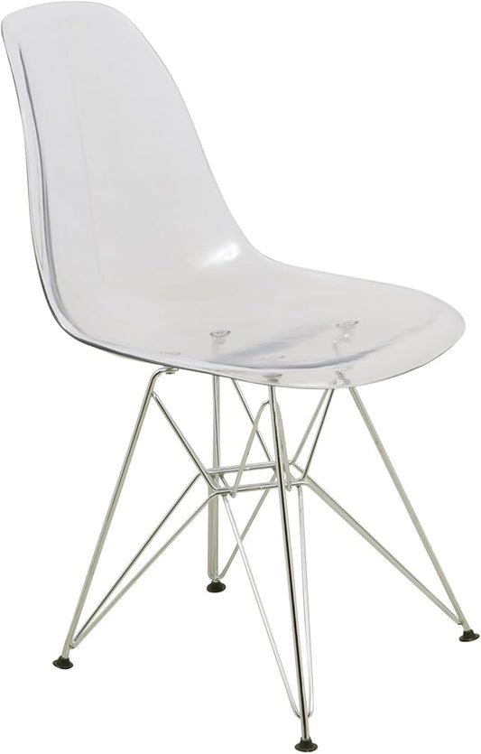 LeisureMod Cresco Acrylic Dining, Modern Chrome Eiffel Base and Curved Back Design, Ergonomic and Lightweight Accent Side Chair for Mid-Century Home, Kitchen, and Café (Clear, Singles)