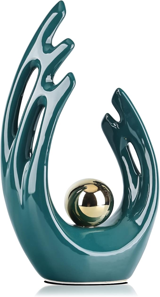 LCCCK 12" H Teal Gold Aesthetic Room Decor Accent, TV Stand Funky Table Centerpiece, Abstract Art Ceramic Statue and Sculpture, Teal Decor for Living Room, Bookshelf Decorative Objects, Shelf Decor