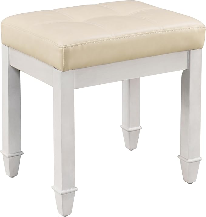 Vanity Stool Bench with Faux Leather Upholstered , Makeup Dressing Bench with Solid Wood Leg, Piano Bench Stools, Child Stool,18.5"L x 14.2"W x 18.5"H Stools, White Leg & Beige Surface FD2405PBG