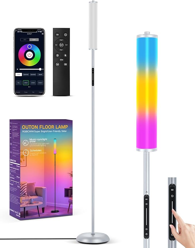 OUTON LED Floor Lamp with Remote & APP Control, 1500LM Ultra Bright Tall Standing Lamp, 16 Million Colors, 32 Scene Modes & Music Sync, Modern Corner Lamps for Living Room, Bedroom, Gaming, Grey