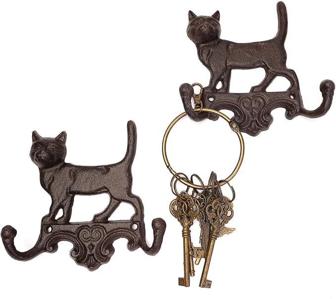 Set of 2 Cast Iron Vintage Dog Wall Hook Decorative Wall Mounted Coat Hooks Rustic Heavy Duty Cute Animal Key Hangers for Dog Leashes, Towels, Hats(Cats)