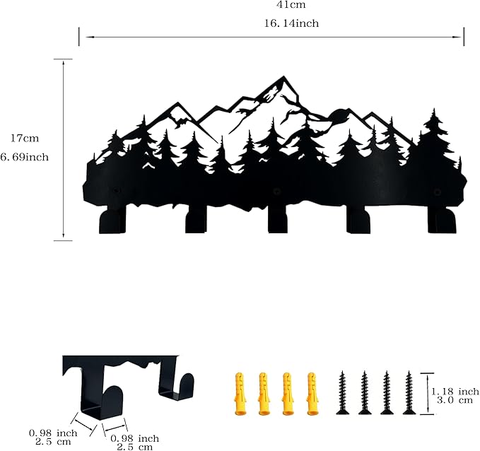 Metal Mountain Coat Hooks and Key Holder, Mountain Design Wall Art Decor, Clothes Hat Rack, and Backpack Hanger, Storage Decor for Living Room, Hallway, Office, Kitchen, Entryway, and Bedroom