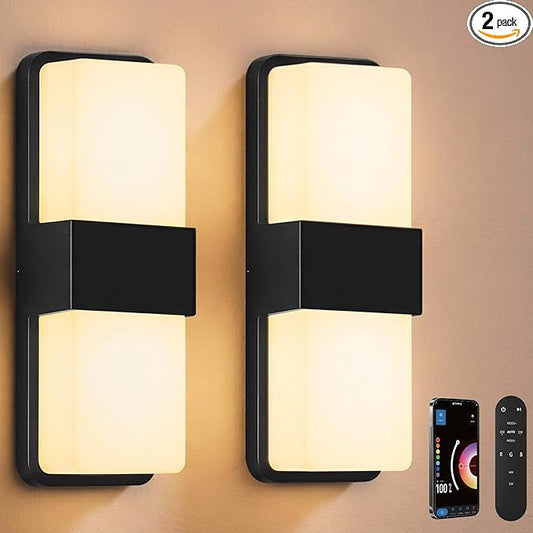 Outdoor Wall Lights, RGBCW Smart LED Lamp, Color Changing Front Door Sconce, Porch Lights Outdoor Light Fixture,12in Exterior Wall Sconces, Remote & Wi-Fi Control, IP65 Waterproof, 2 Pack