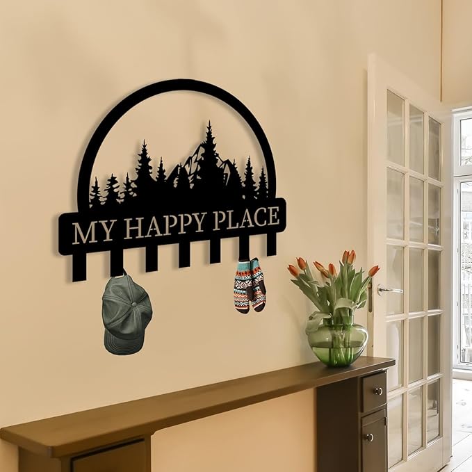 Personalized Metal Key Holder for Wall, Metal Wall Mount Custom Name Hooks, My Happy Place Wall Decoration Key Hook, Key Rack for Kitchen, Key Organizer for Living Room, Hallway Key Holder, Home Gift