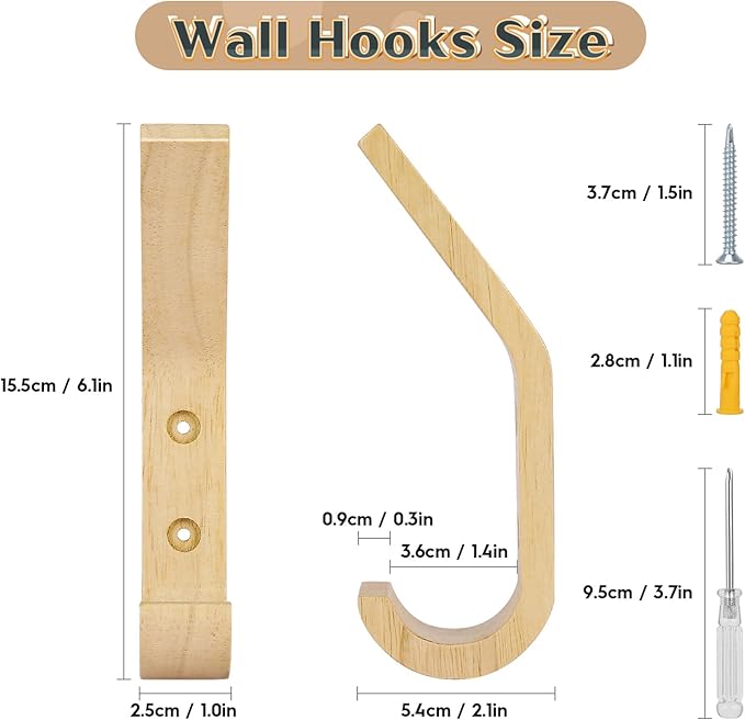 Wooden Coat Hooks Wall Hooks,Rustic Natural Oak Wood Wall Hooks for Hanging Decorative Vintage Organizer Heavy Duty Entryway Wall Mounted Hangers Hooks for Hat Rack,Coats,Towels, Key,Bags(6 Pack)