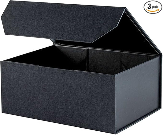 Upgrade 3PCS Black Gift Box 9.5x7x4 Inches, Sturdy Gift Box with Lid for Gift Packaging, Foldable Magnetic Closure Storage Boxes, Bridesmaid proposal box, Rectangle Collapsible Box