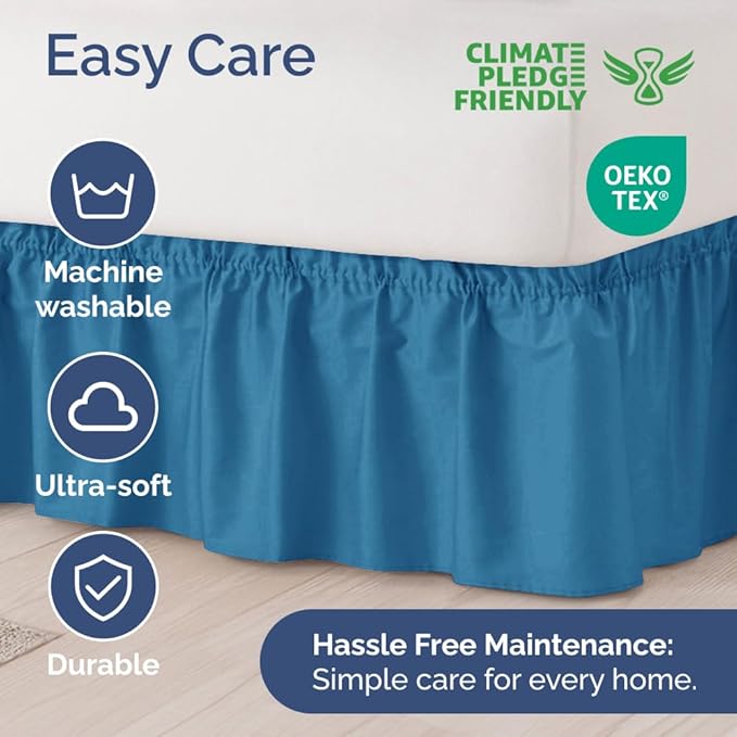Wrap Around Dust Ruffle Bed Skirt - Denim Blue - for Full Size Beds with 18 Inch Drop - Elastic Strap - Adjustable Pleated Bedskirt with Brushed Fabric and Wrinkle Free - for Women, Men, Kids & Teens