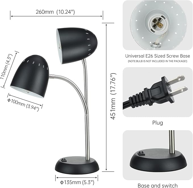 Eye-Caring Table Lamp of Simple Designs Home E26 Led Screw Basic Metal Desk Lamp with Flexible Gooseneck Hose Neck Study Lamp for Bedroom Office Living Room Convenient On/Off Switch(Black)
