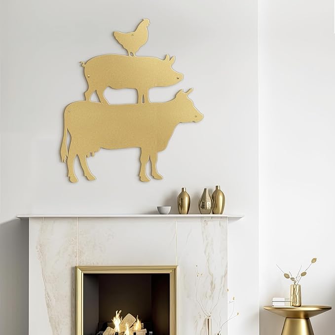 SIGNLEADER Metal Wall Art Decor Chicken, Pig, Cow Minimalist Modern Abstract Wall Sculpture Hangings Home Decoration for Living Room, Bedroom, Bathroom, Kitchen, Outdoor - 18" Gold