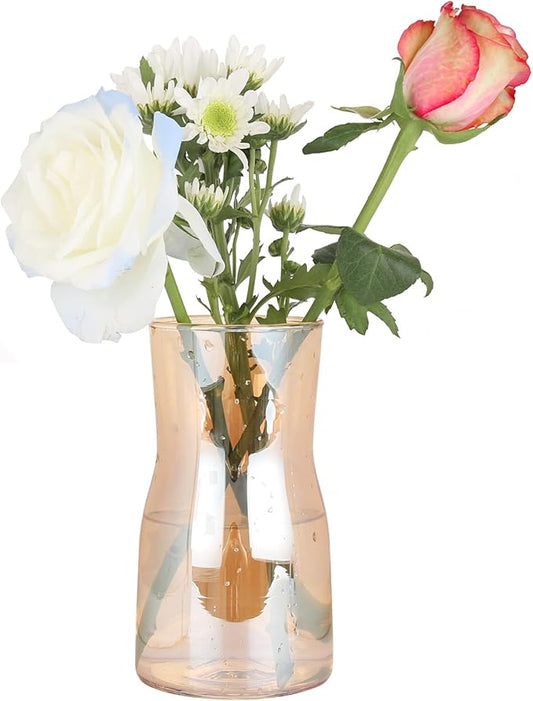 8 Inch Handmade Iridescent Glass Vase - Modern Boho Centerpiece for Flowers, Wedding, Home & Office Decor, Lightweight Clear Glass Table Vase, Unique Housewarming or Birthday Gift (Amber)