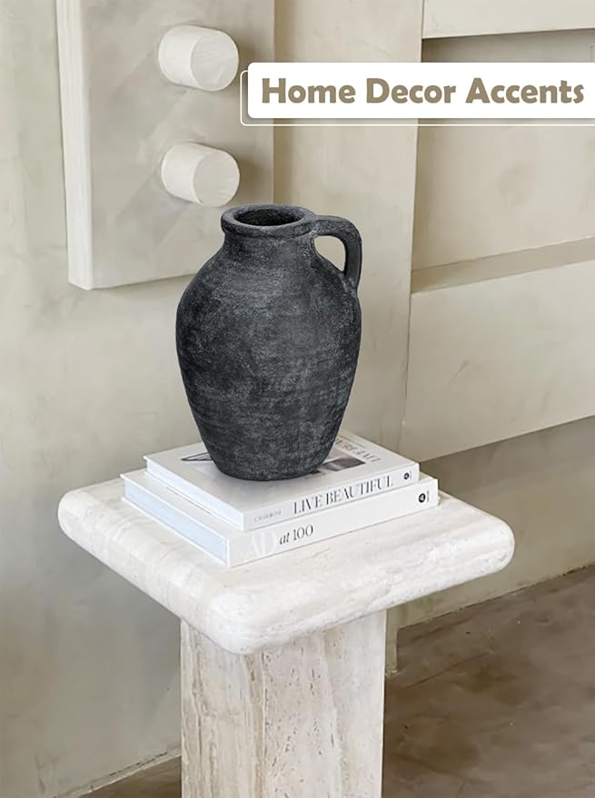 Ceramic Rustic Farmhouse Vase, 9 inch Ceramic Black Flower Vase for Centerpieces Pampas Grass Pottery Jug with Handle Boho Modern Rustic Farmhouse Decor for Living Room Kitchen Dinner Table Shelves
