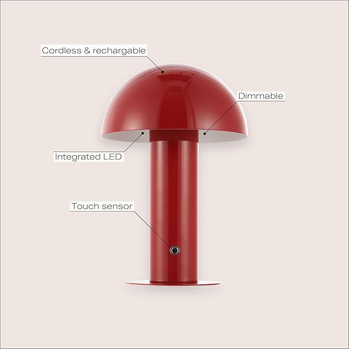 JONATHAN Y JYL7115G Boletus 10.75" Contemporary Bohemian Rechargeable/Cordless Iron Dimmable Integrated LED Mushroom Table Lamp, Red, for Desk, Bar Console, Vanity